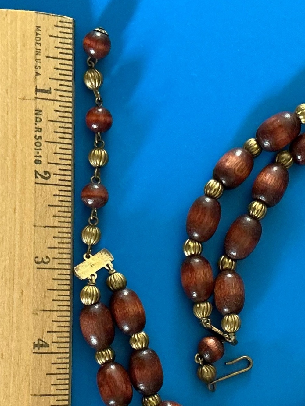 Vintage 1960s Double Strand Wood Bead Necklace Adjustable Statement Choker - Picture 8 of 15